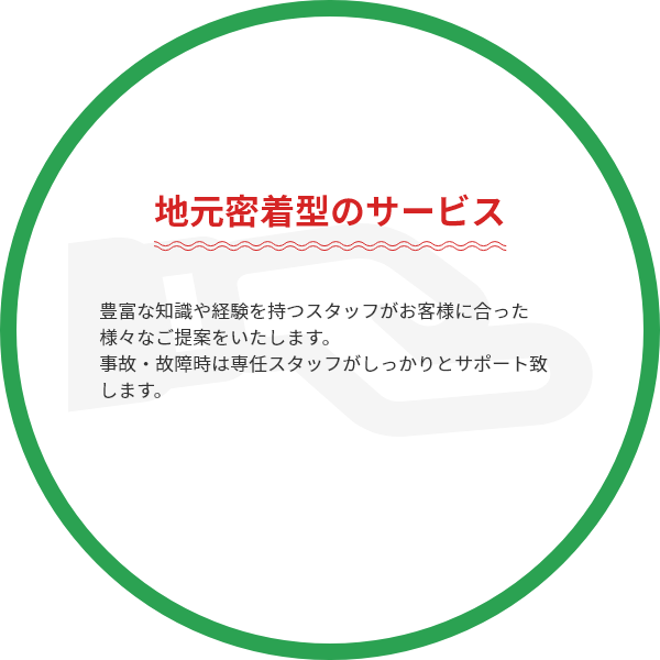 ・地元密着型のサービス：豊富な知識や経験を持つスタッフがお客様に合った様々なご提案をいたします。事故・故障時は専任スタッフがしっかりとサポート致します。