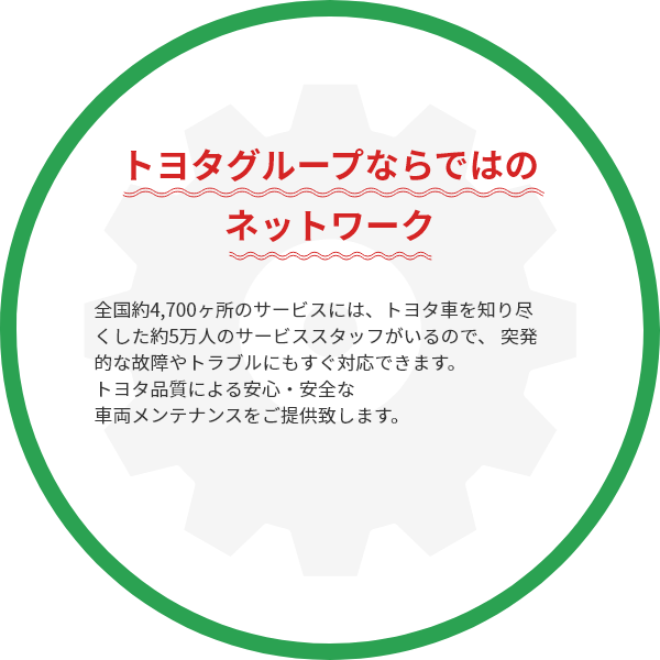 ・トヨタグループならではのネットワーク：全国約4,700ヶ所のサービスには、トヨタ車を知り尽くした約5万人のサービススタッフがいるので、 突発的な故障やトラブルにもすぐ対応できます。トヨタ品質による安心・安全な車両メンテナンスをご提供致します。